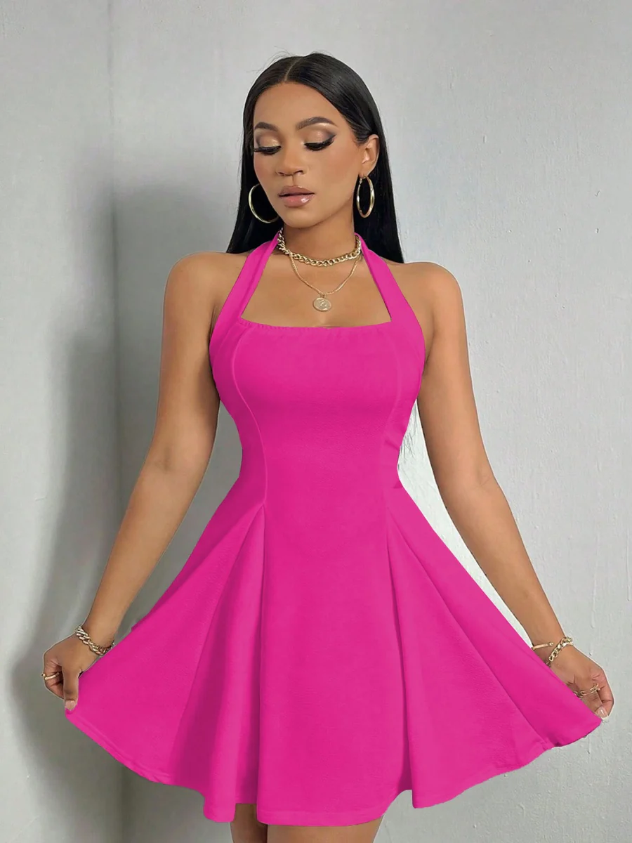 Halter Neck, Backless, Fitted Waist, A-line Short Dress - Image 12