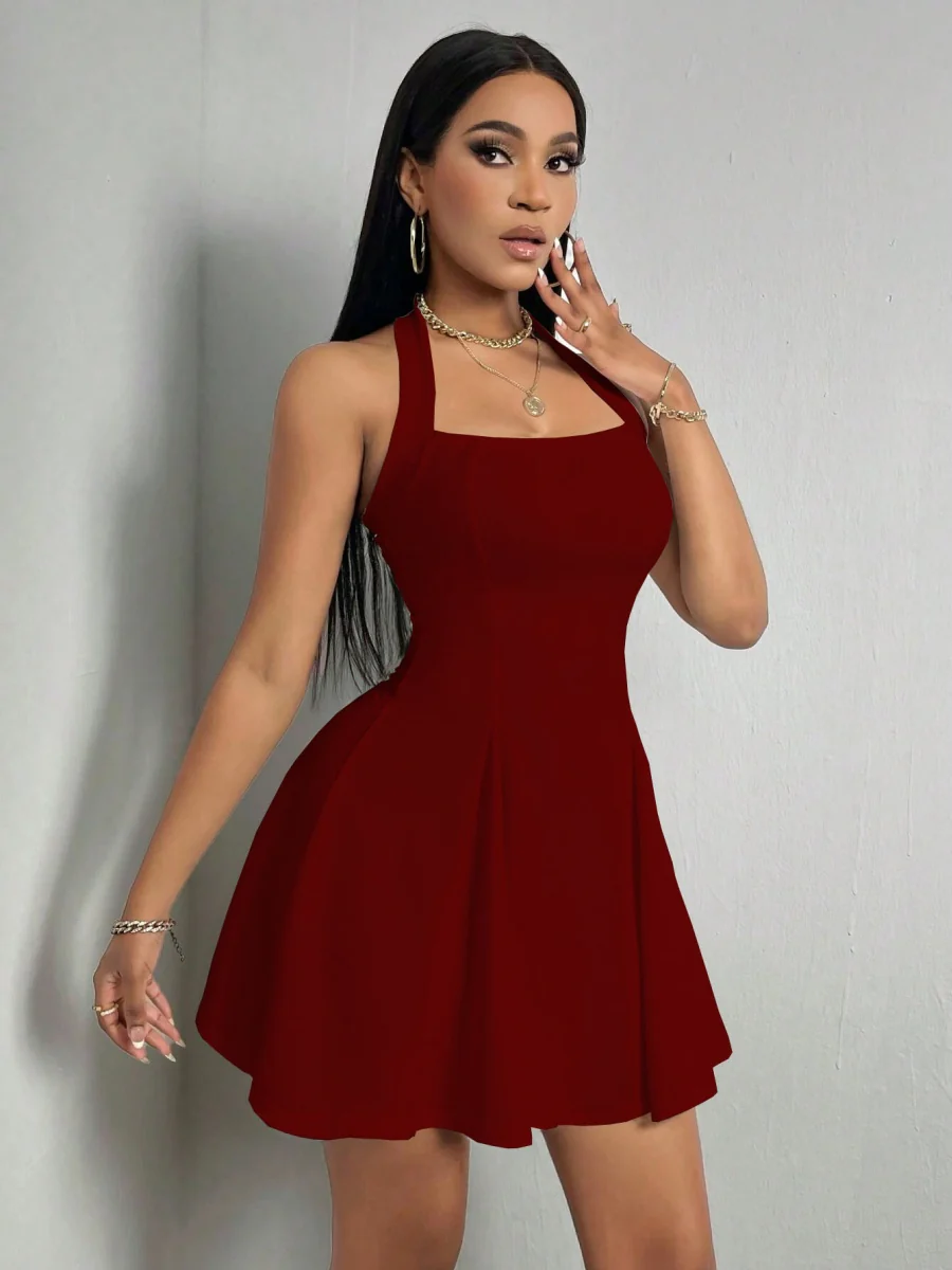 Halter Neck, Backless, Fitted Waist, A-line Short Dress - Image 16