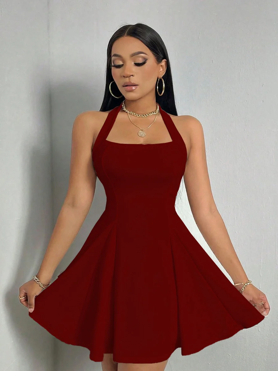Halter Neck, Backless, Fitted Waist, A-line Short Dress - Image 18