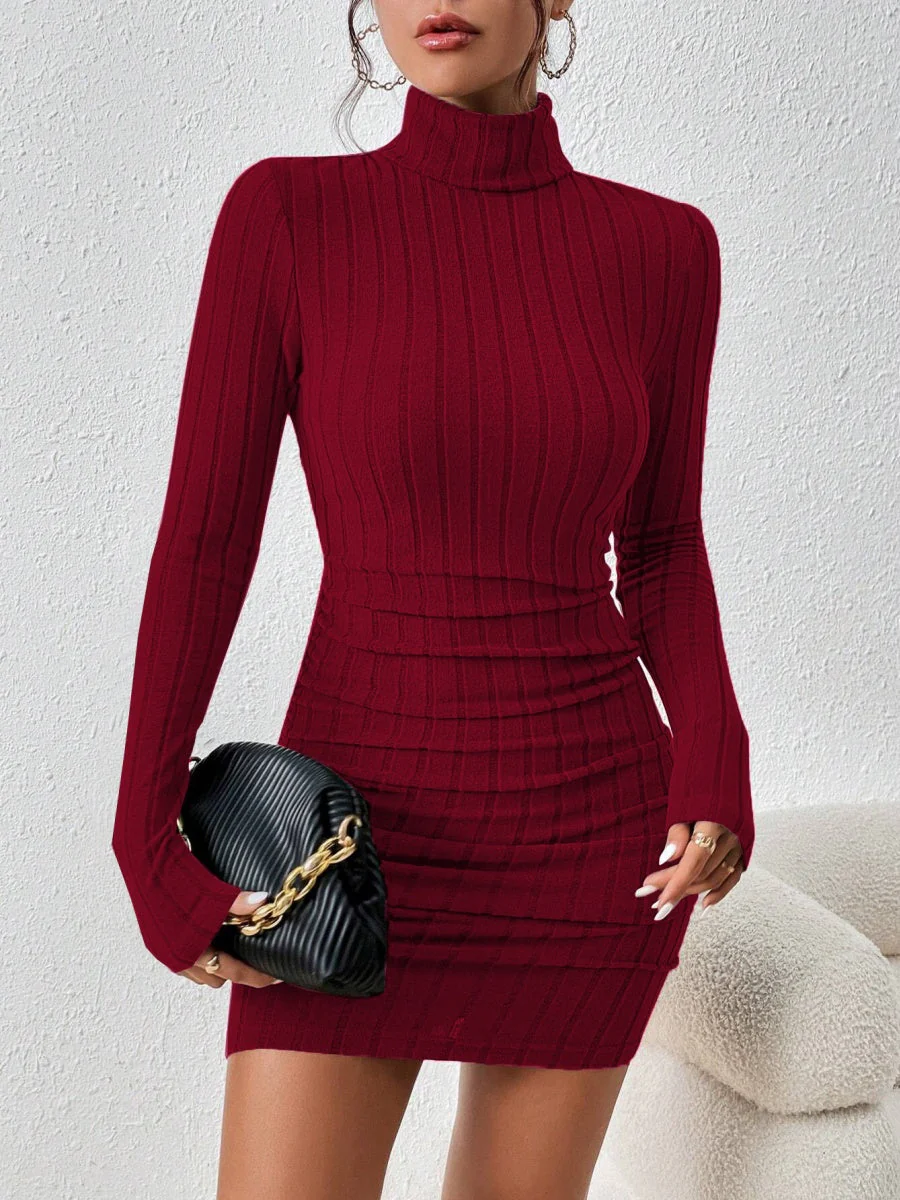 Knitting Turtleneck Long Sleeve Tight Fit Solid Color Pit Strip Mini&Short Dresses