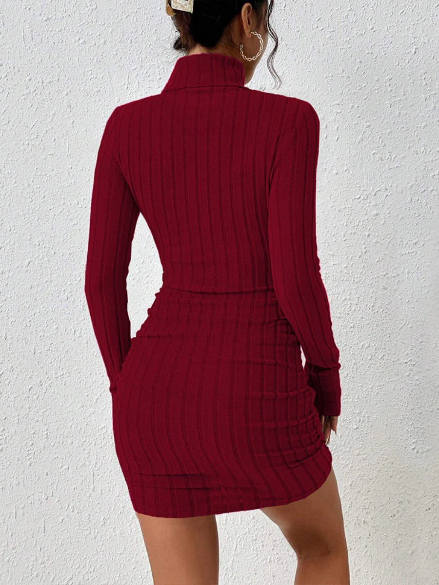 Knitting Turtleneck Long Sleeve Tight Fit Solid Color Pit Strip Mini&Short Dresses - Image 2
