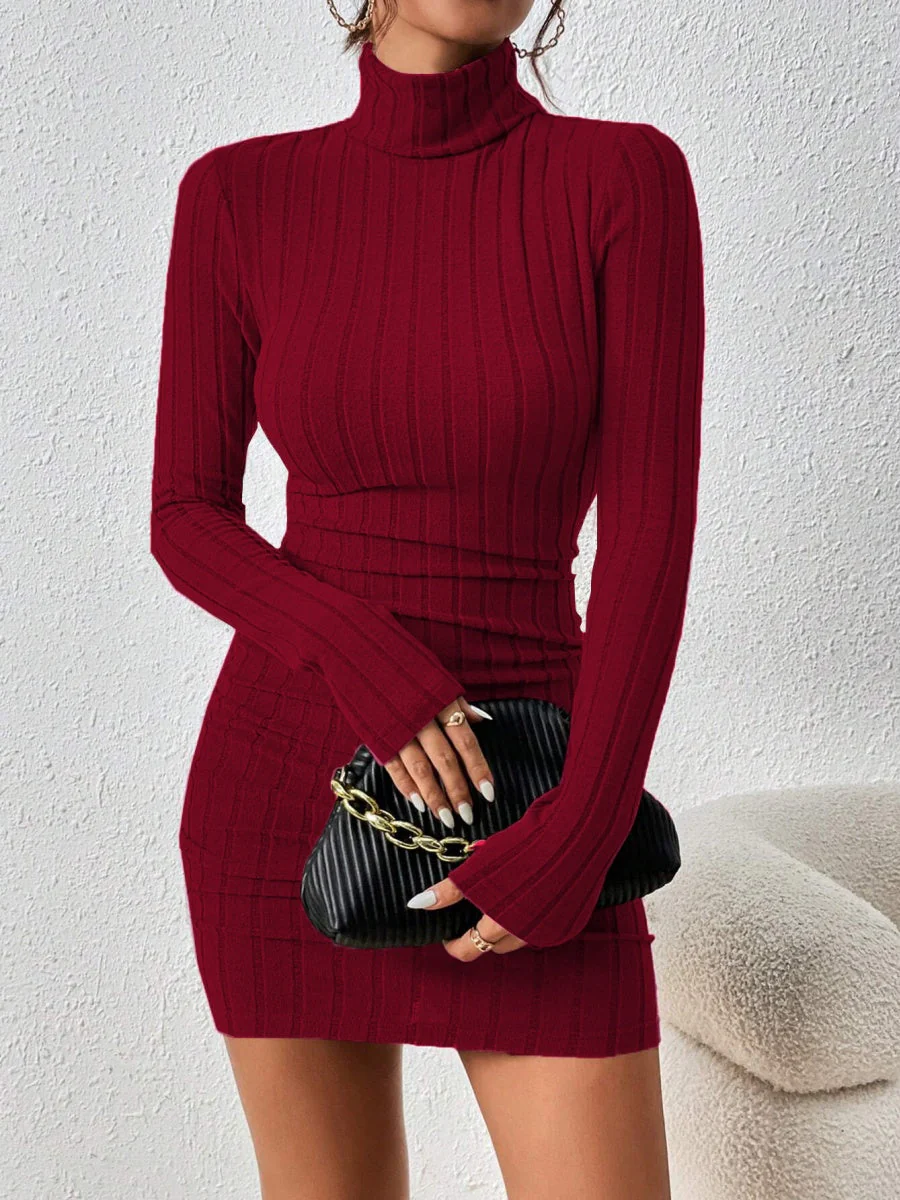 Knitting Turtleneck Long Sleeve Tight Fit Solid Color Pit Strip Mini&Short Dresses - Image 3