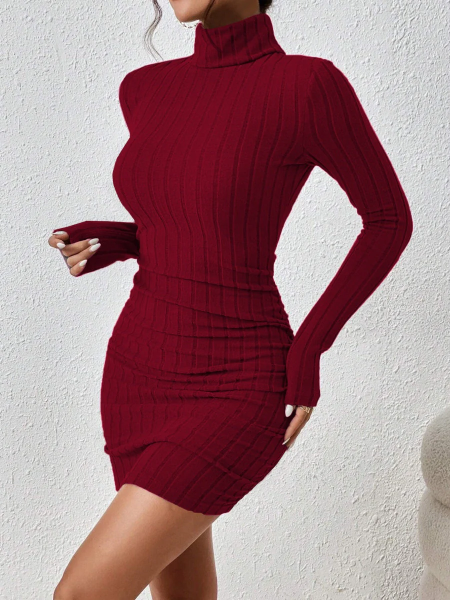 Knitting Turtleneck Long Sleeve Tight Fit Solid Color Pit Strip Mini&Short Dresses - Image 5