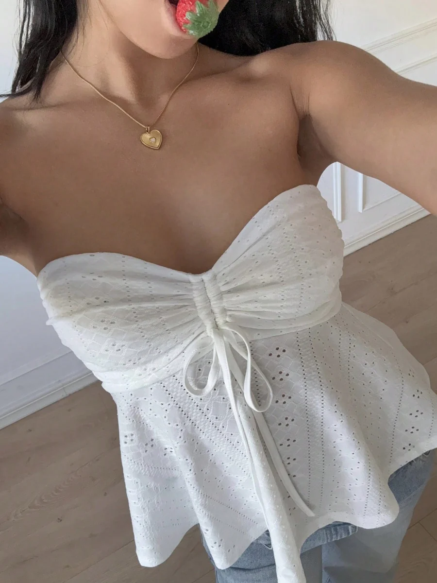 Drawstring Bow Openwork Strapless Vest - Image 4