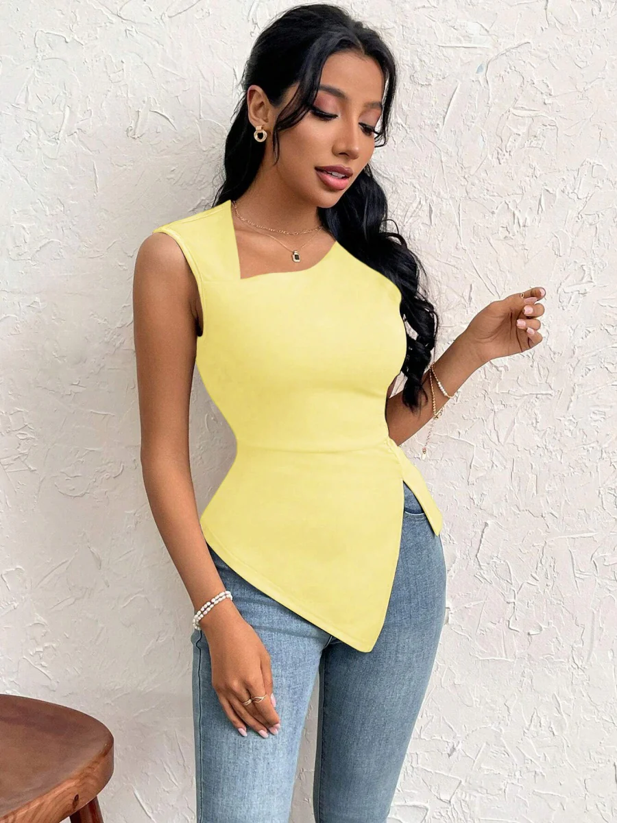 Asymmetrical Neckline, Slim Fit, Short, Solid Color Vest - Image 12