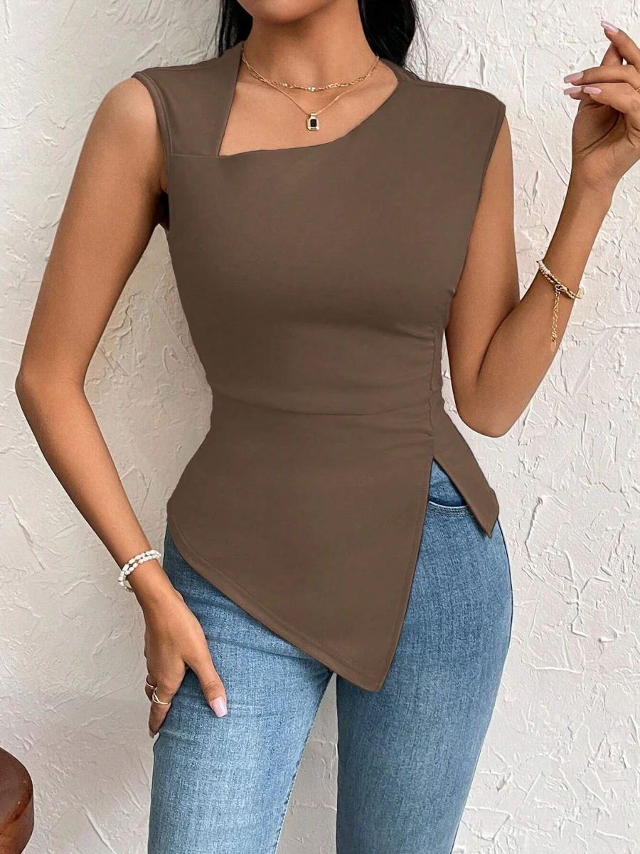 Asymmetrical Neckline, Slim Fit, Short, Solid Color Vest - Image 14