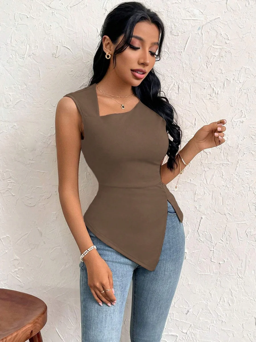 Asymmetrical Neckline, Slim Fit, Short, Solid Color Vest - Image 15
