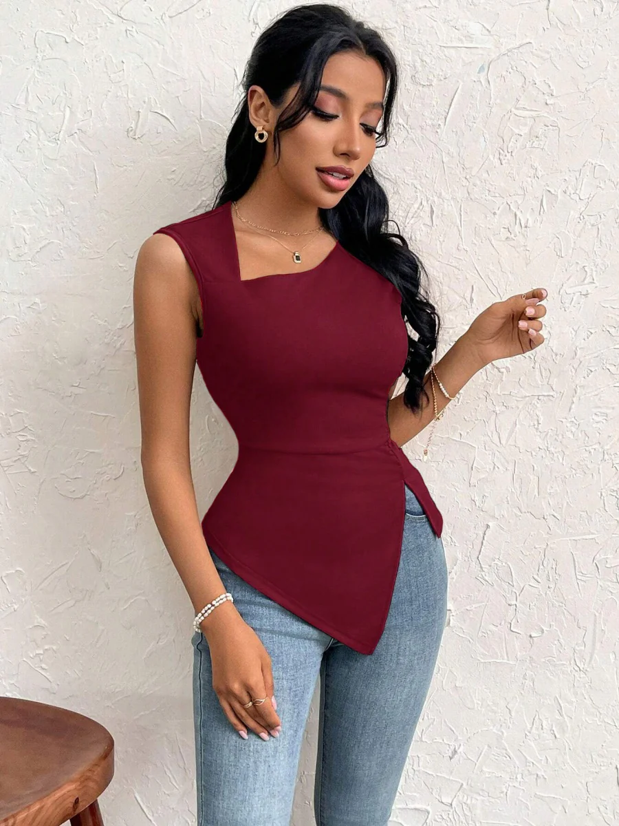 Asymmetrical Neckline, Slim Fit, Short, Solid Color Vest - Image 18