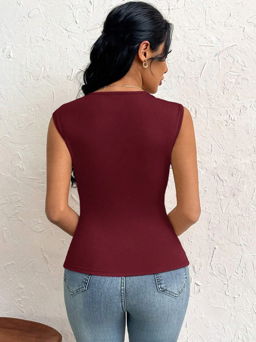 Asymmetrical Neckline, Slim Fit, Short, Solid Color Vest - Image 19