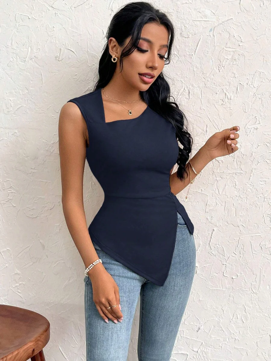 Asymmetrical Neckline, Slim Fit, Short, Solid Color Vest - Image 21