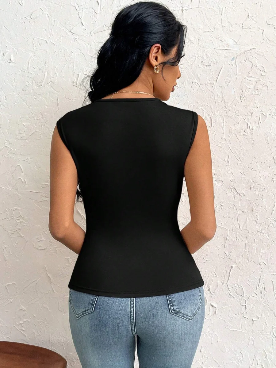 Asymmetrical Neckline, Slim Fit, Short, Solid Color Vest - Image 3
