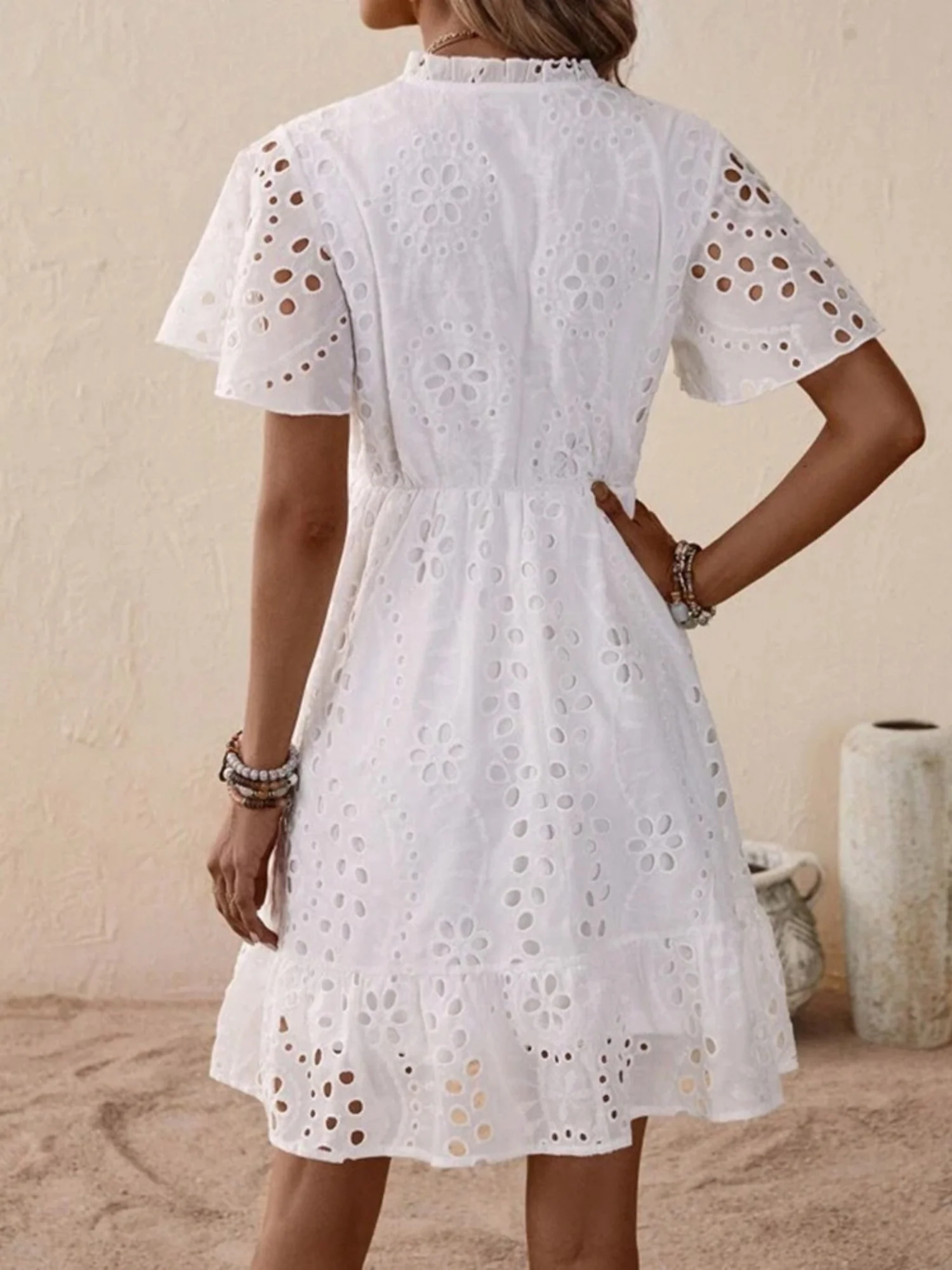 Lace Cutout Embroidered Lace V-neck Tie Mini&Short Dresses - Image 2
