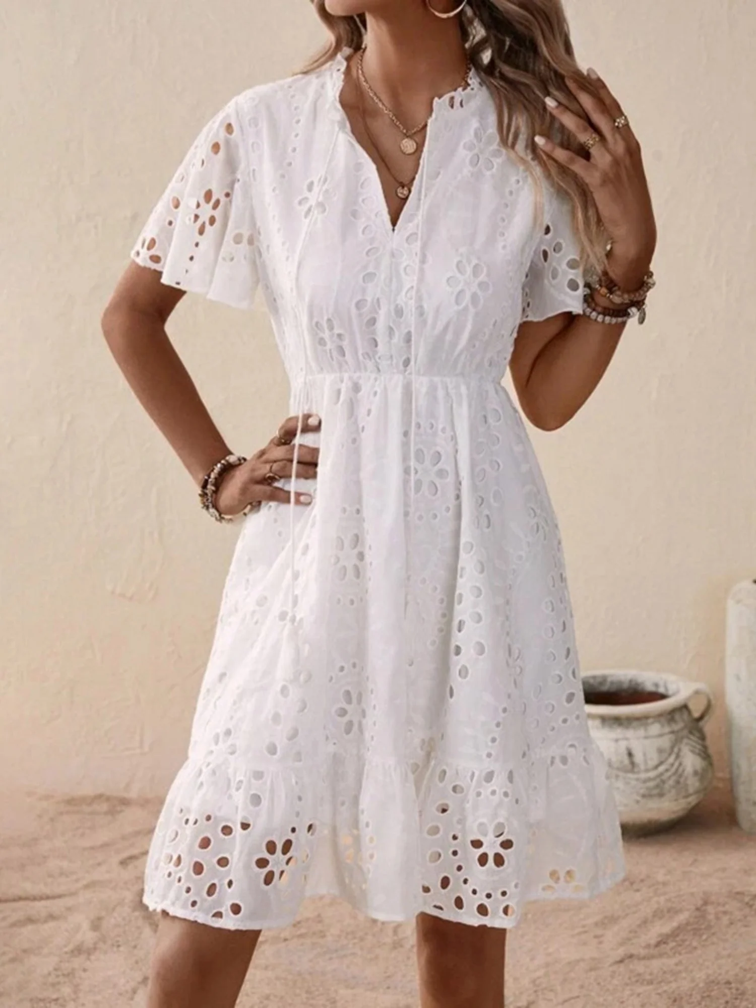 Lace Cutout Embroidered Lace V-neck Tie Mini&Short Dresses - Image 4