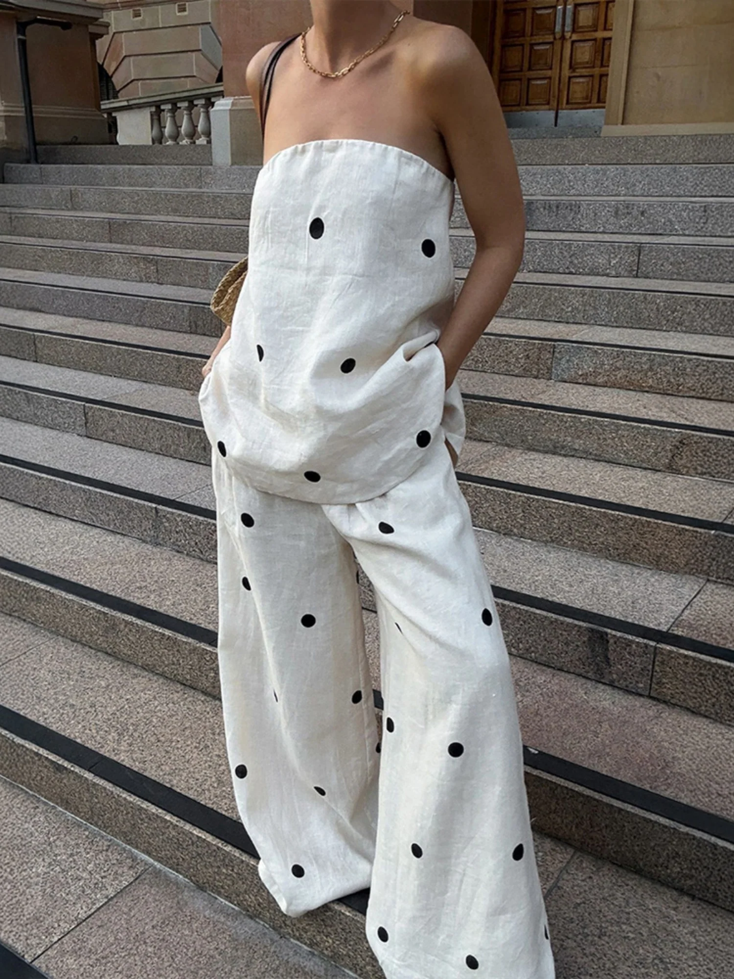 Polka Dots Strapless Pants 2-piece Sets