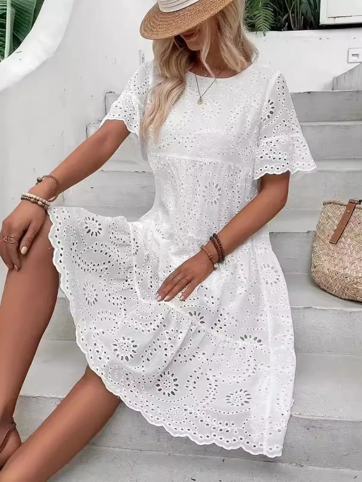 Hollow Out Embroidered Lace Crew Neck Short Sleeve Mini&Short Dresses - Image 3