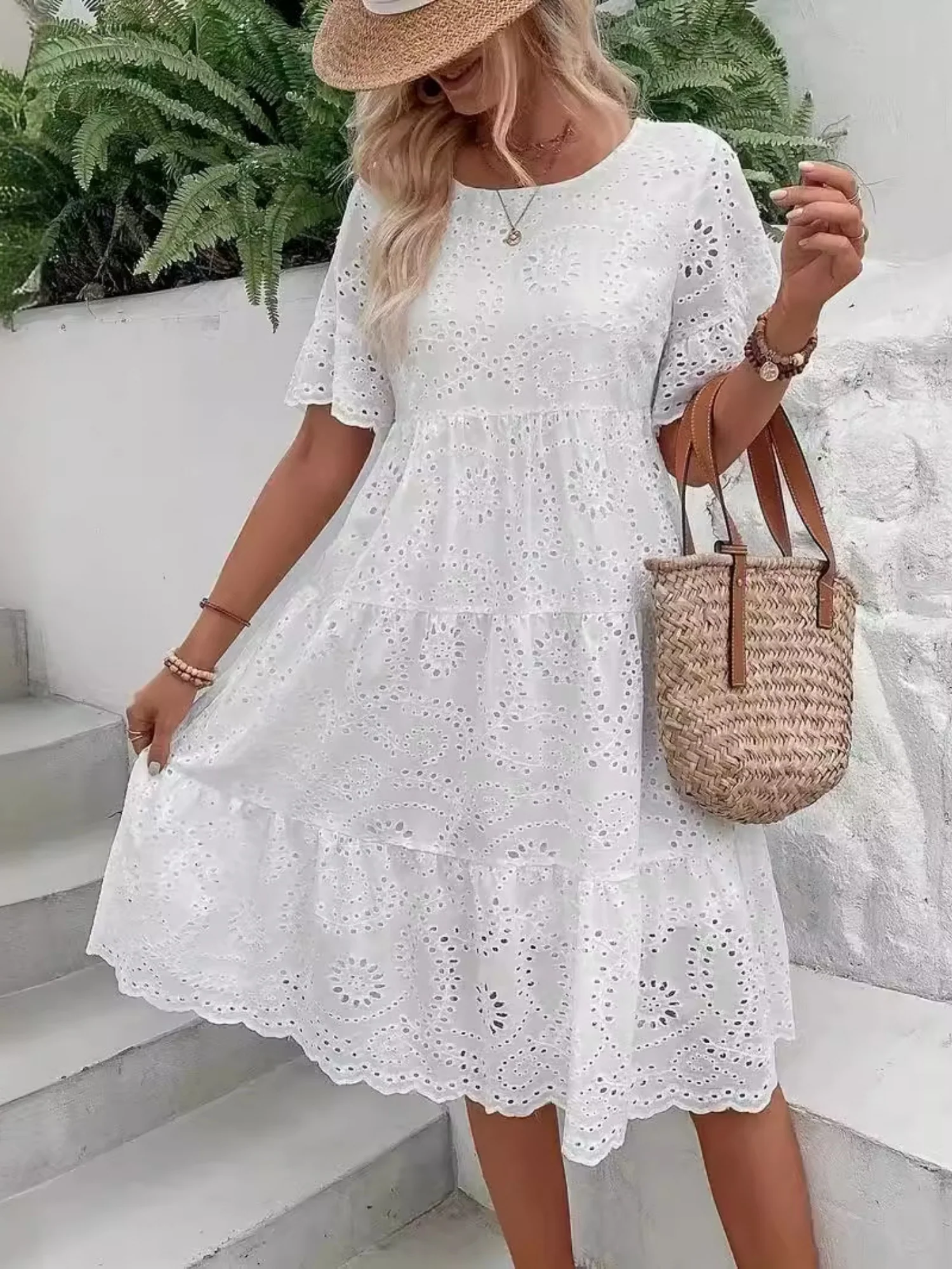 Hollow Out Embroidered Lace Crew Neck Short Sleeve Mini&Short Dresses - Image 4