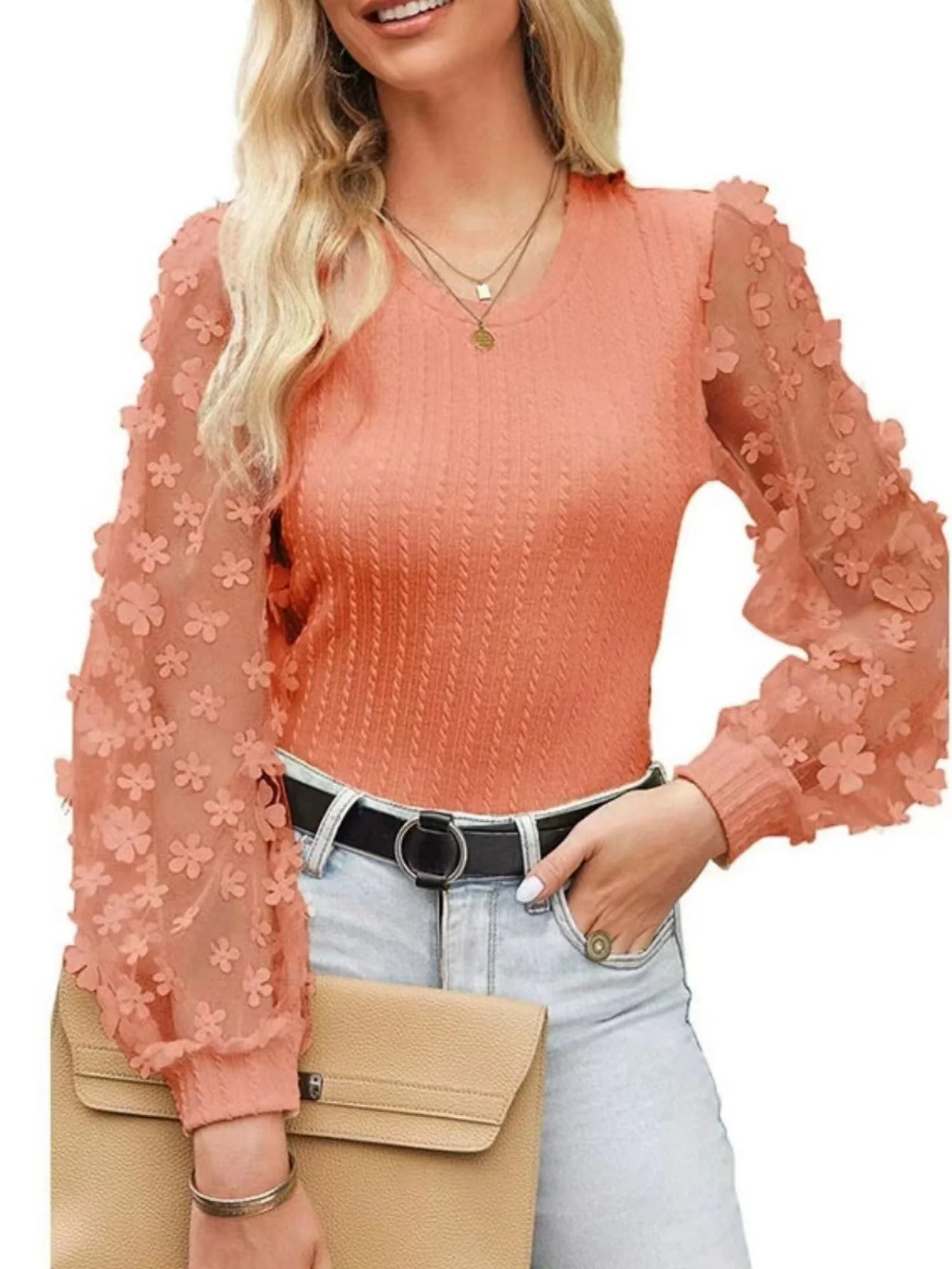 Flowers Mesh See-through Patchwork Lantern Sleeves Sweet T-shirts - Image 10