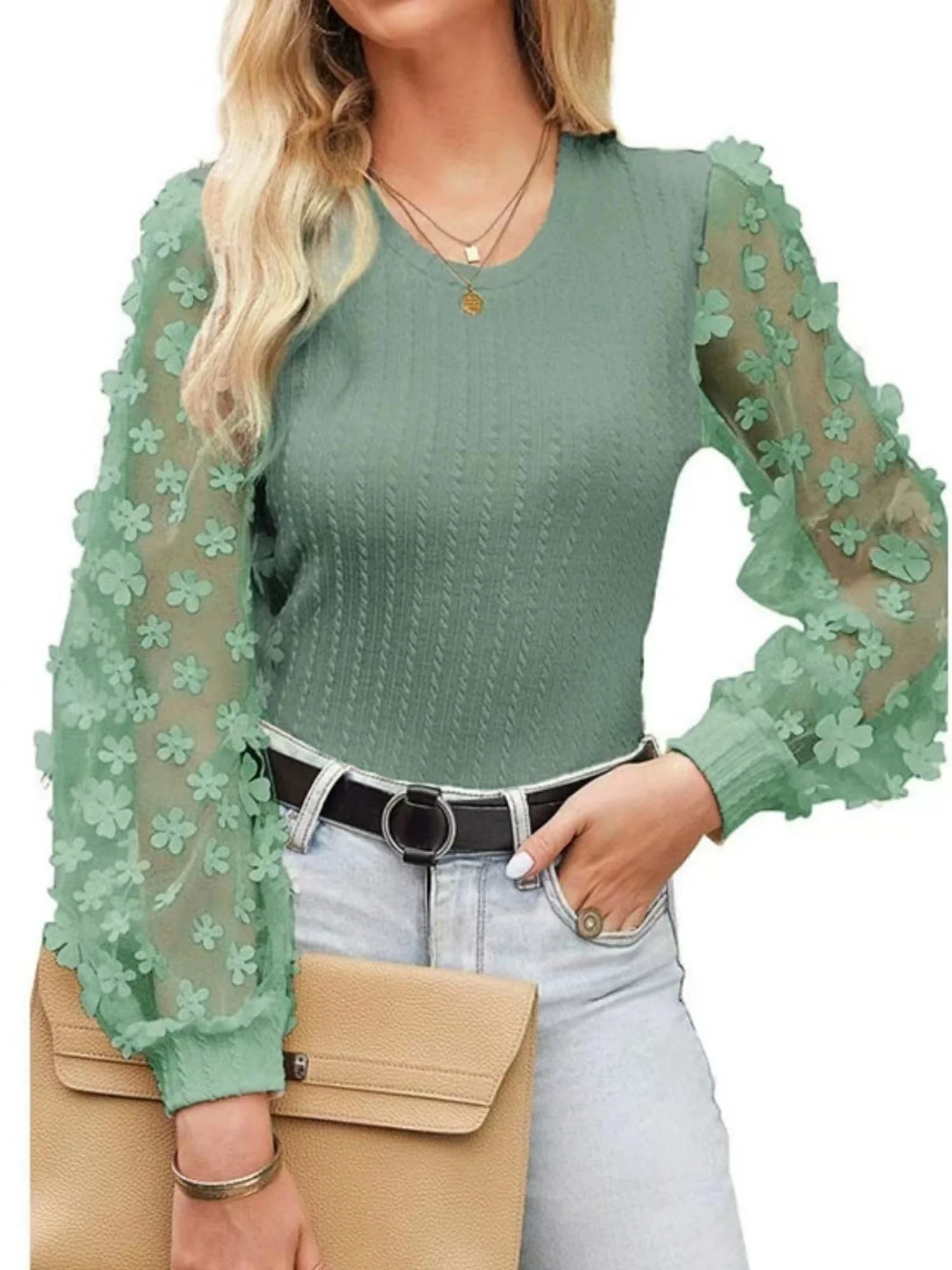 Flowers Mesh See-through Patchwork Lantern Sleeves Sweet T-shirts - Image 12