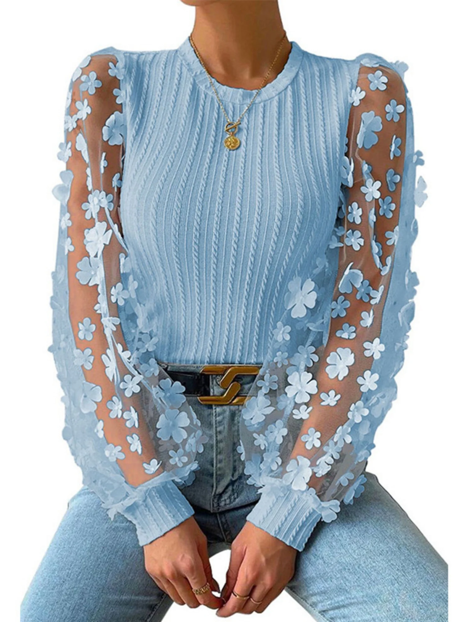 Flowers Mesh See-through Patchwork Lantern Sleeves Sweet T-shirts - Image 13