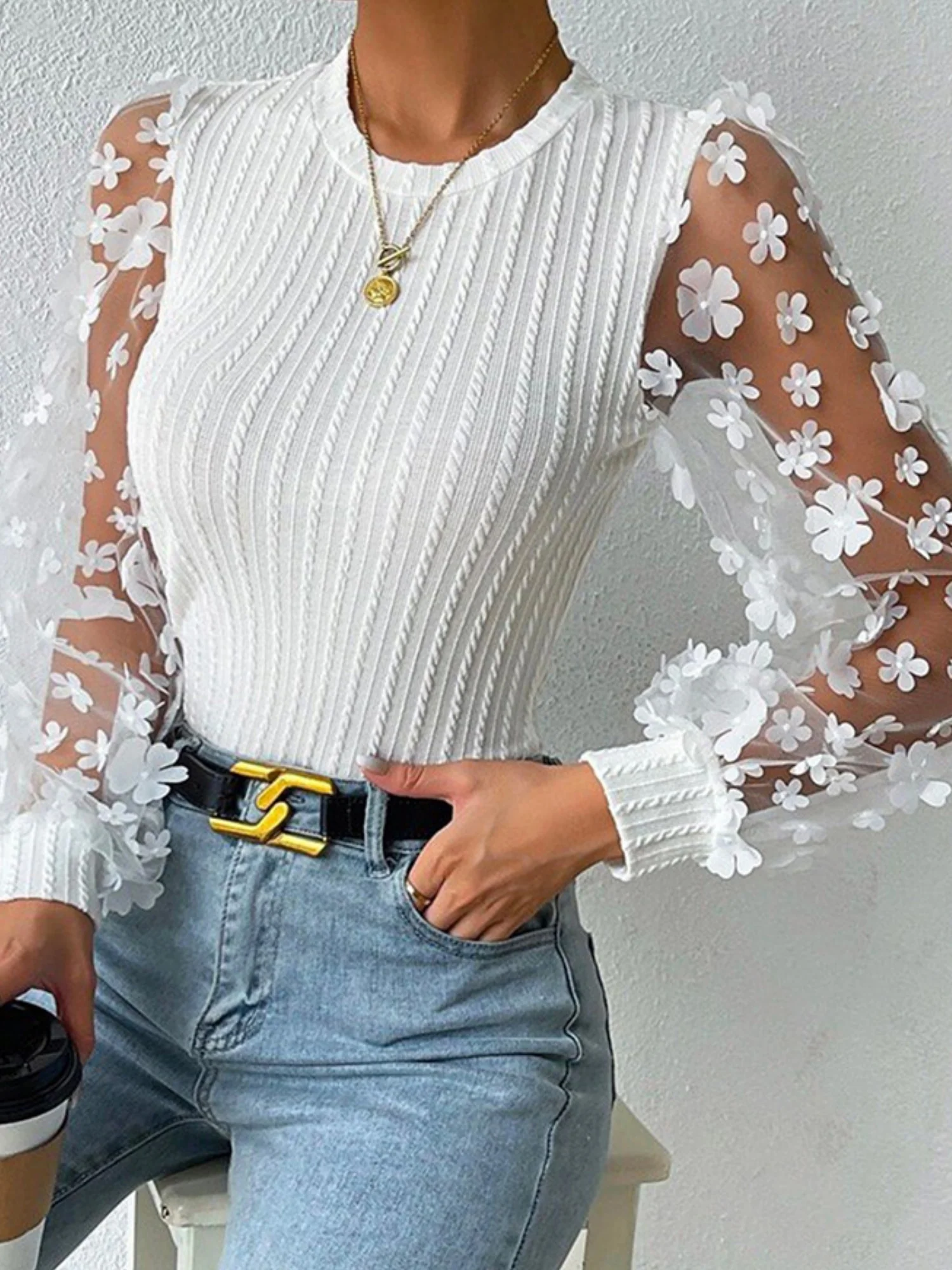 Flowers Mesh See-through Patchwork Lantern Sleeves Sweet T-shirts - Image 4