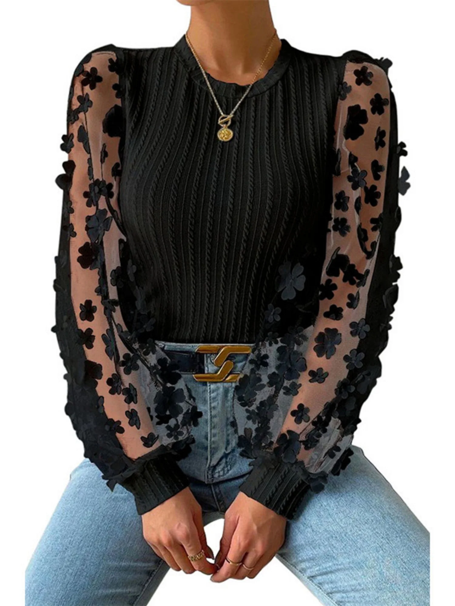 Flowers Mesh See-through Patchwork Lantern Sleeves Sweet T-shirts - Image 5