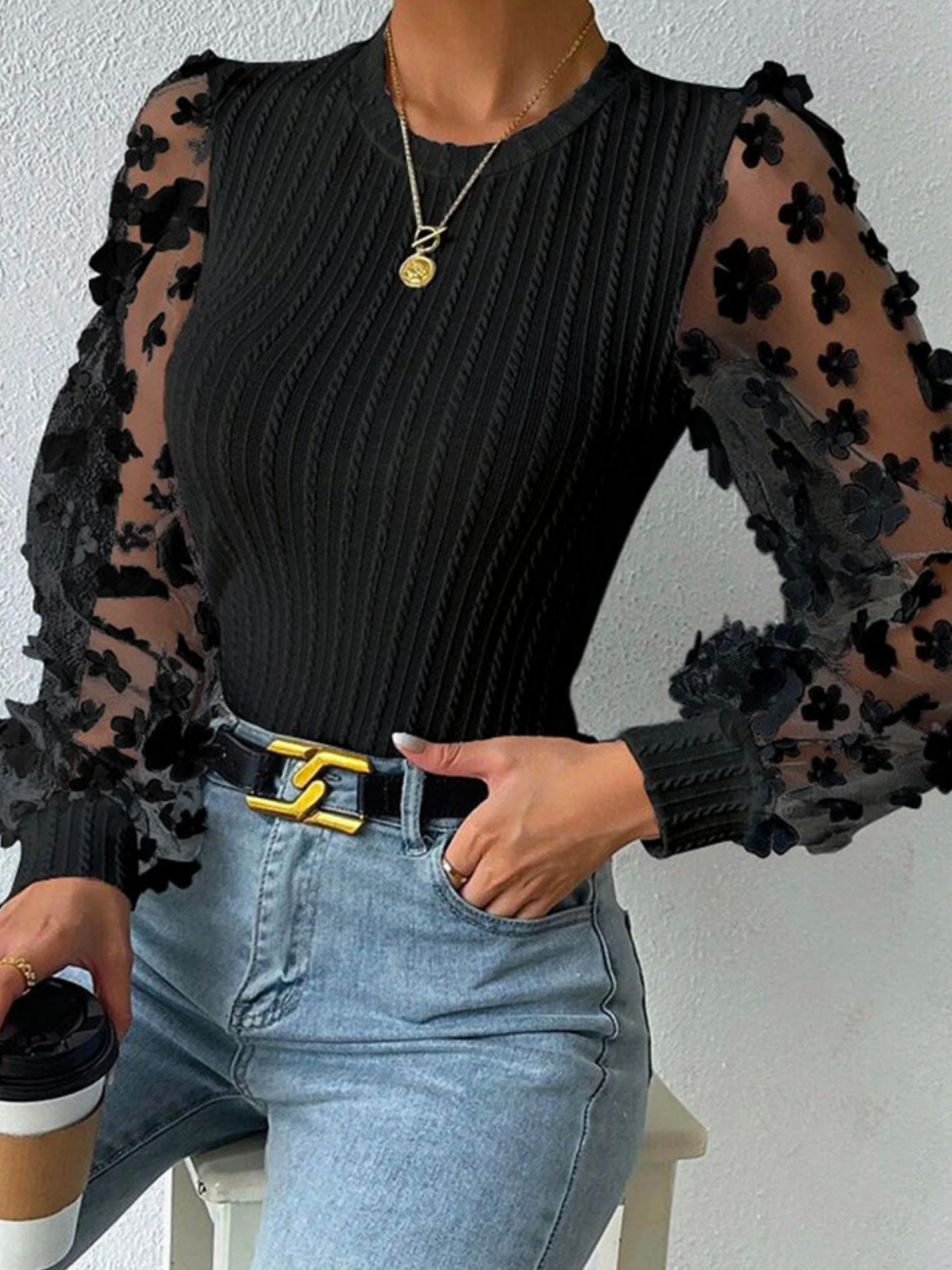 Flowers Mesh See-through Patchwork Lantern Sleeves Sweet T-shirts - Image 6