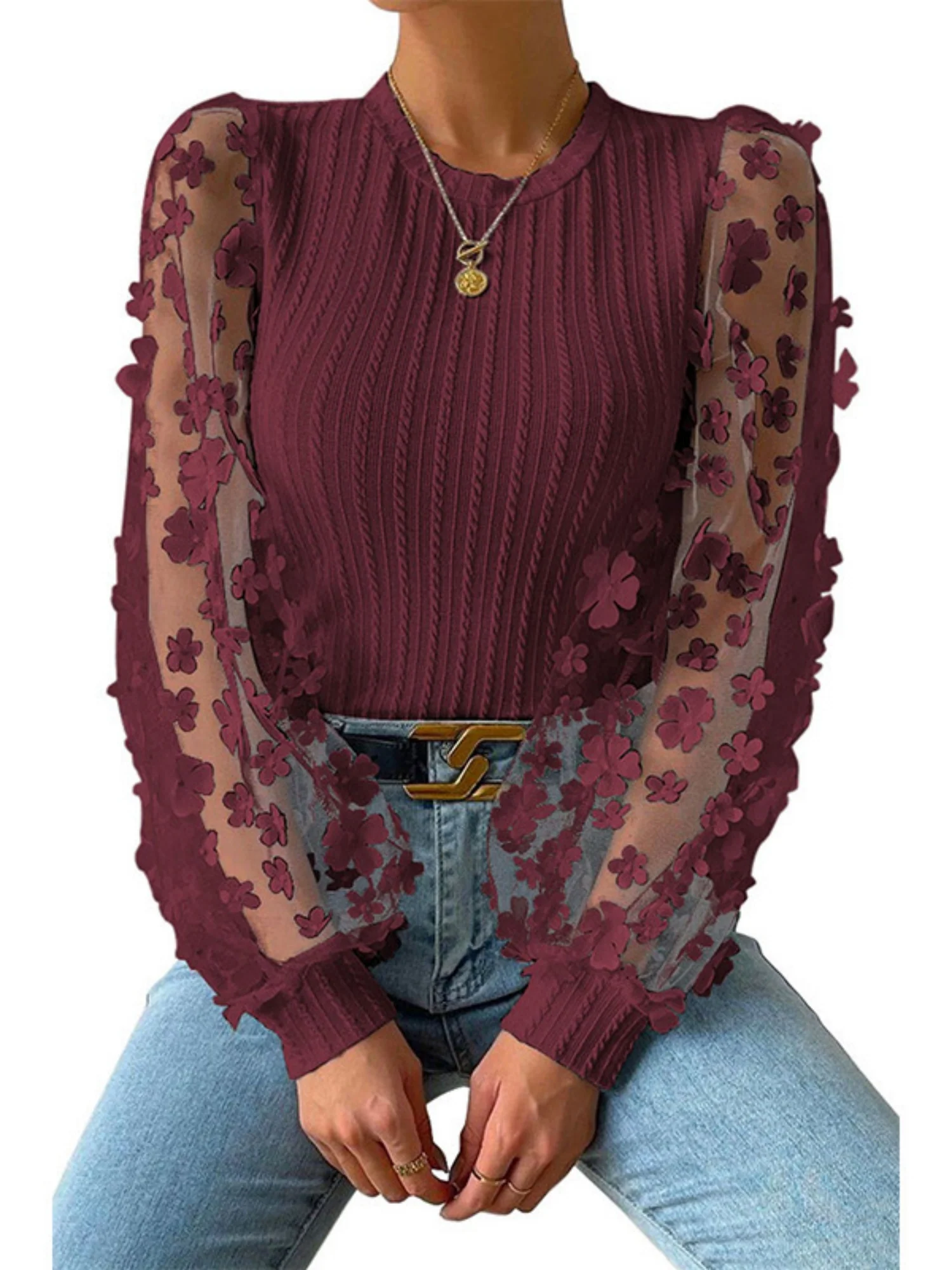Flowers Mesh See-through Patchwork Lantern Sleeves Sweet T-shirts - Image 7