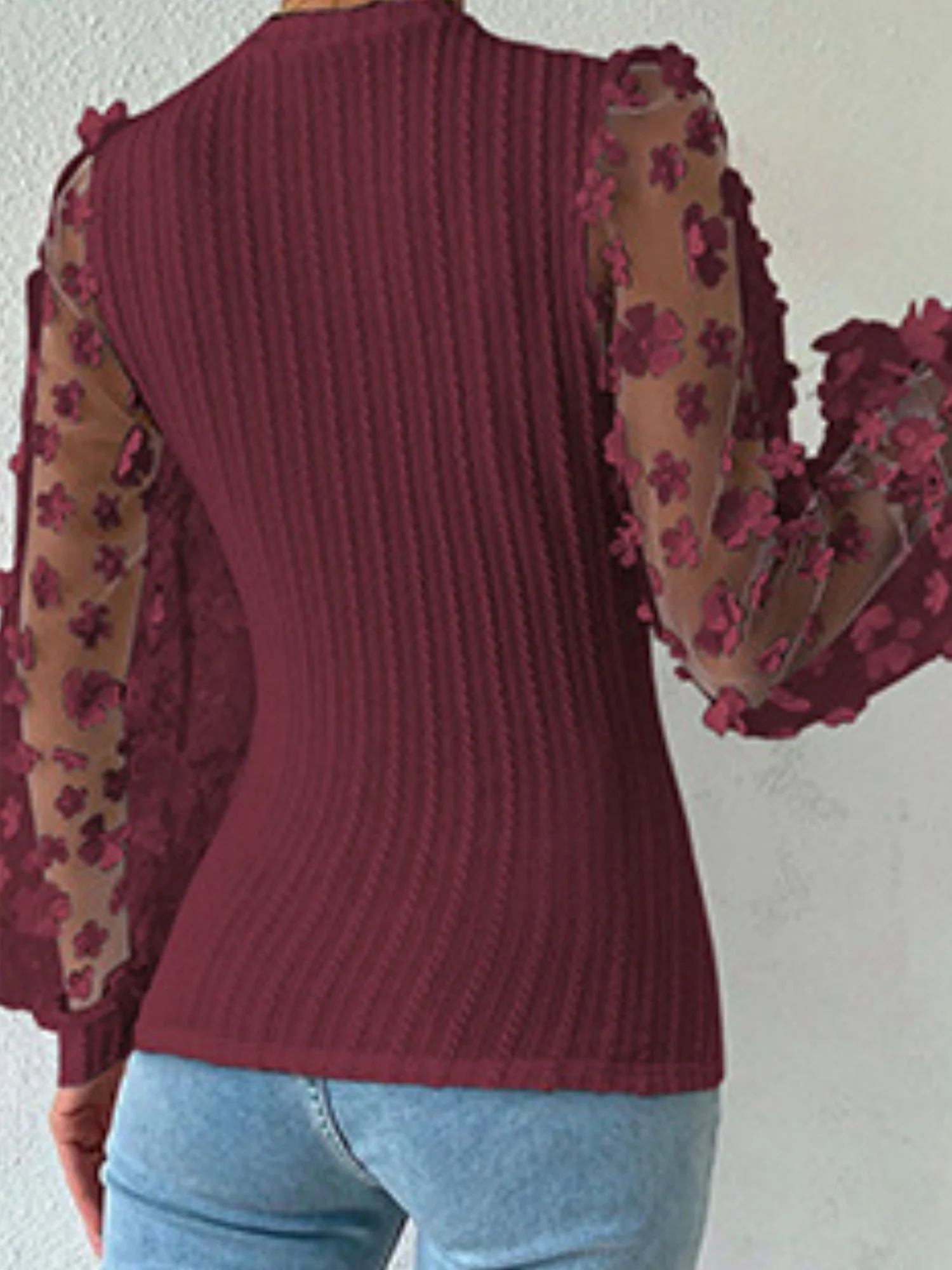 Flowers Mesh See-through Patchwork Lantern Sleeves Sweet T-shirts - Image 8