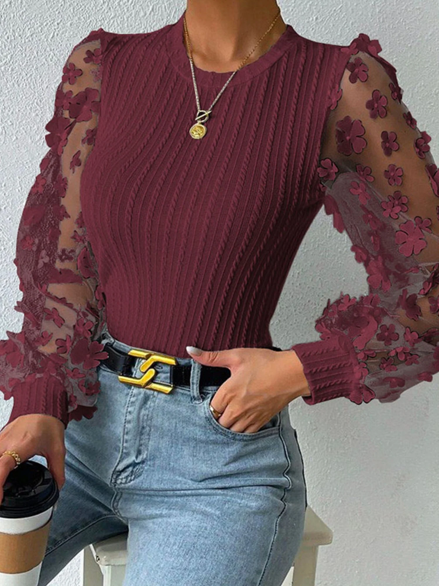 Flowers Mesh See-through Patchwork Lantern Sleeves Sweet T-shirts - Image 9