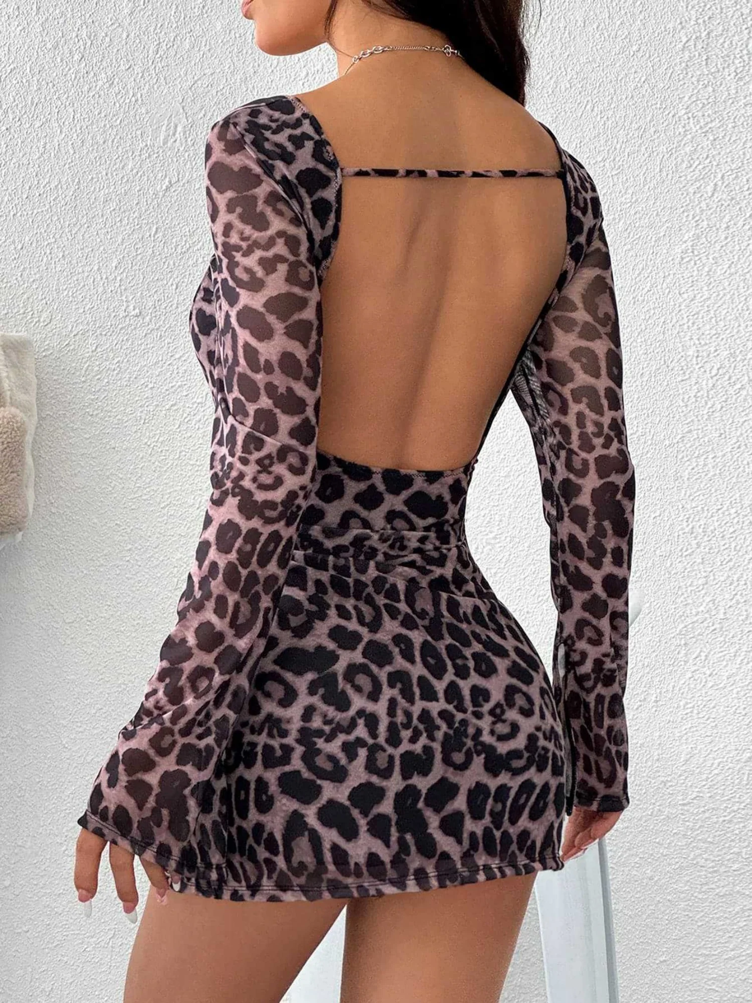 Leopard Print Heart-shaped Neckline Backless Long Sleeves Mini&Short Dresses - Image 2