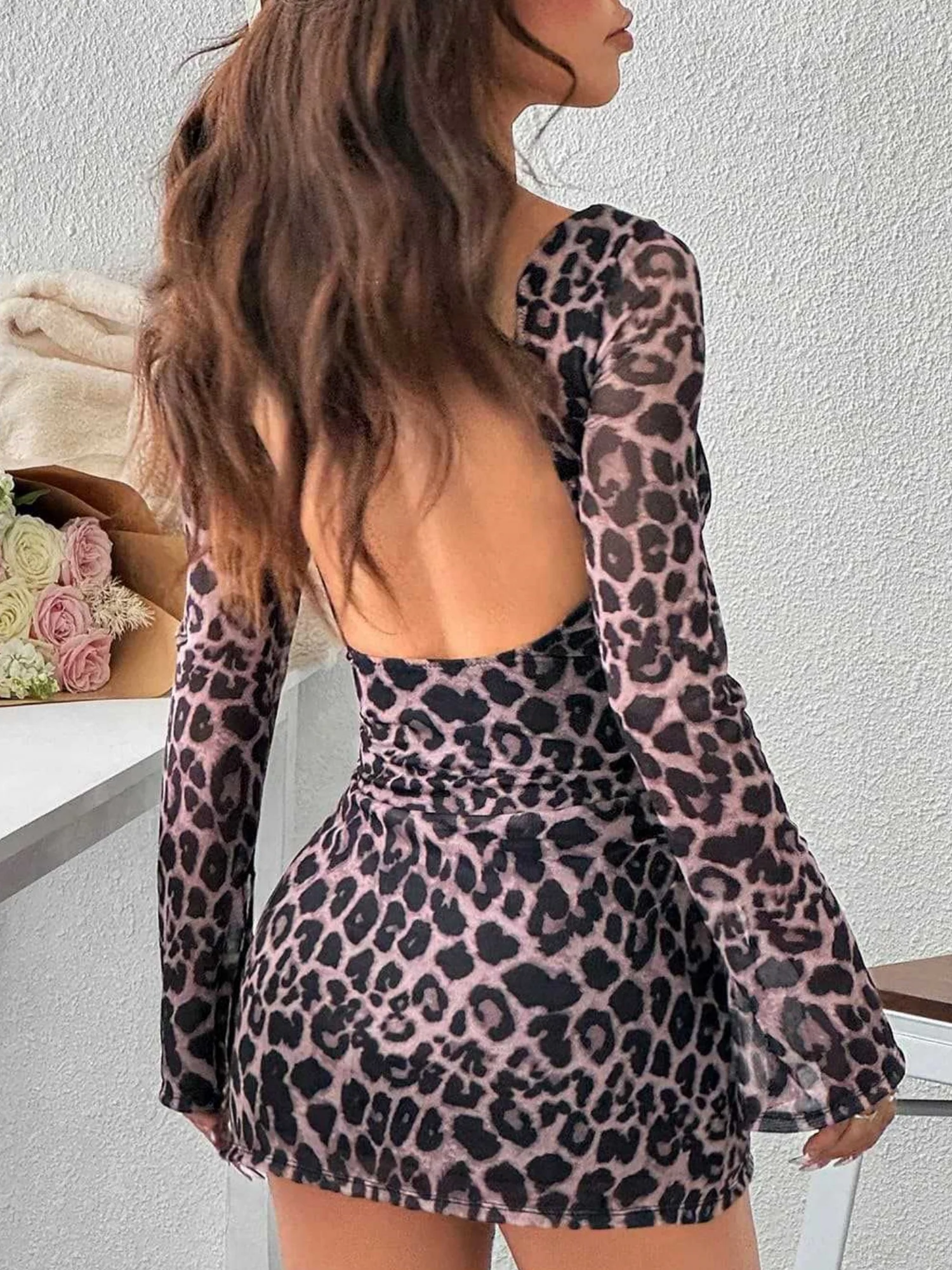 Leopard Print Heart-shaped Neckline Backless Long Sleeves Mini&Short Dresses - Image 4