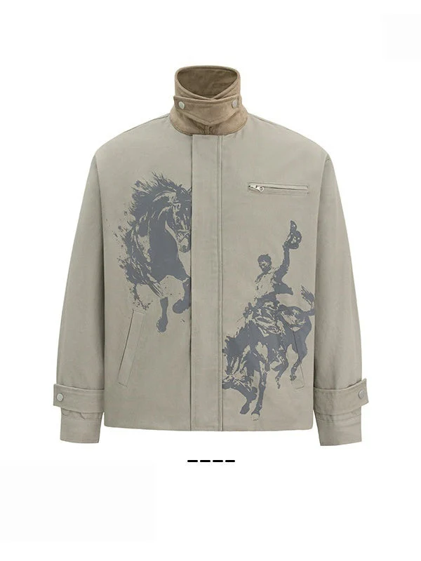 Printed Contrasting Colors Lapel Loose Work Jacket - Image 2