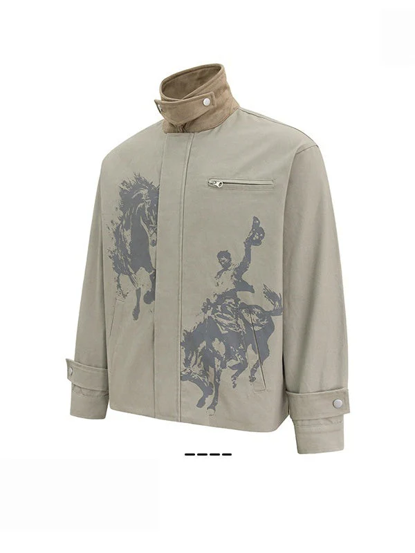Printed Contrasting Colors Lapel Loose Work Jacket - Image 3