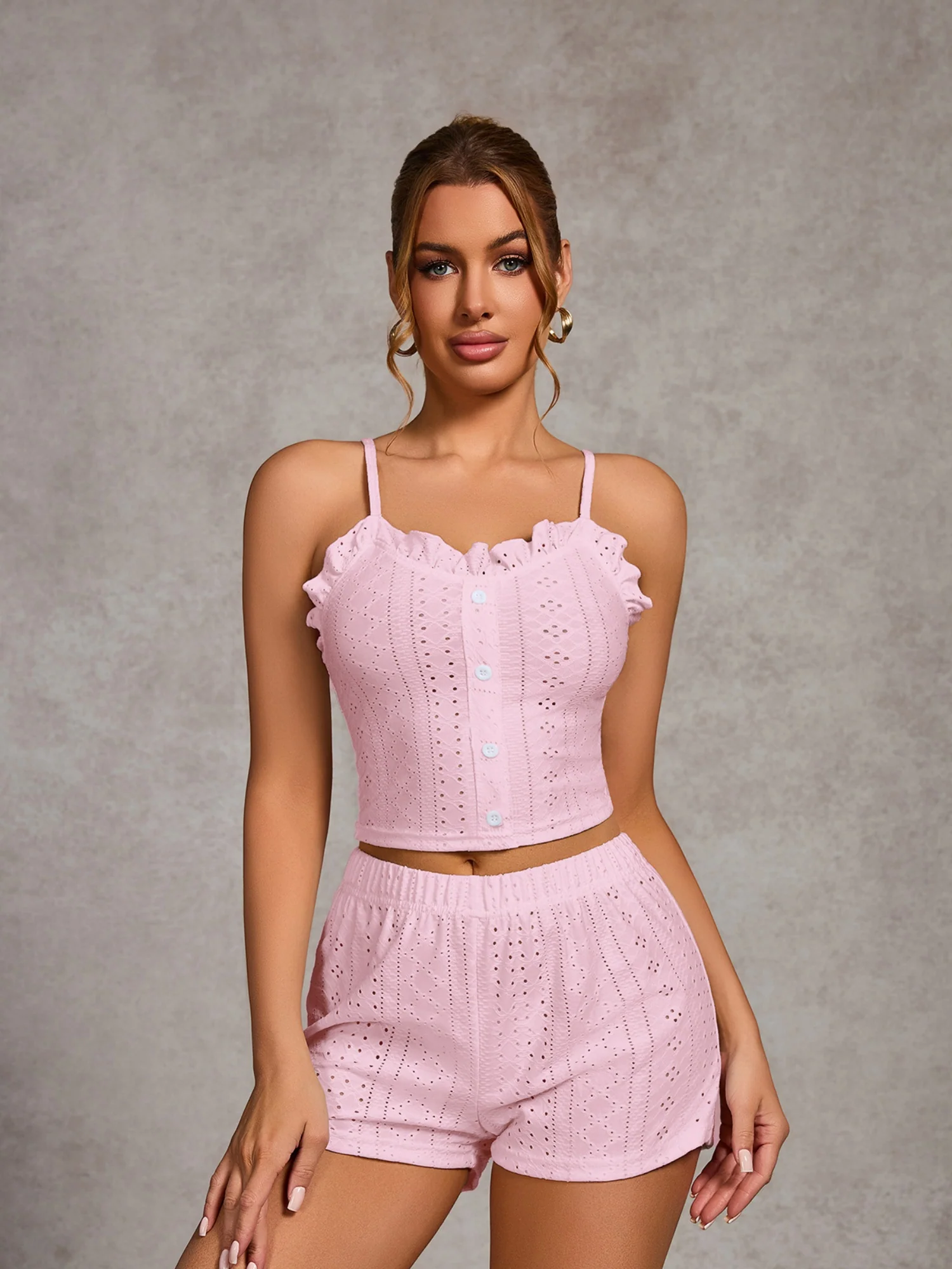 Openwork Ruffle Edge Tank Top And Shorts Loungewear 2-piece Sets - Image 4