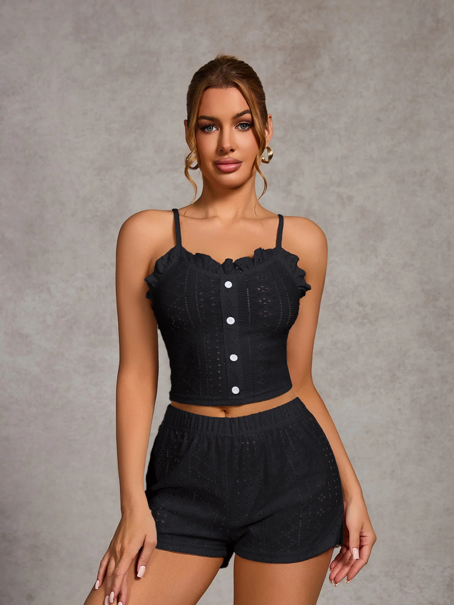 Openwork Ruffle Edge Tank Top And Shorts Loungewear 2-piece Sets - Image 5