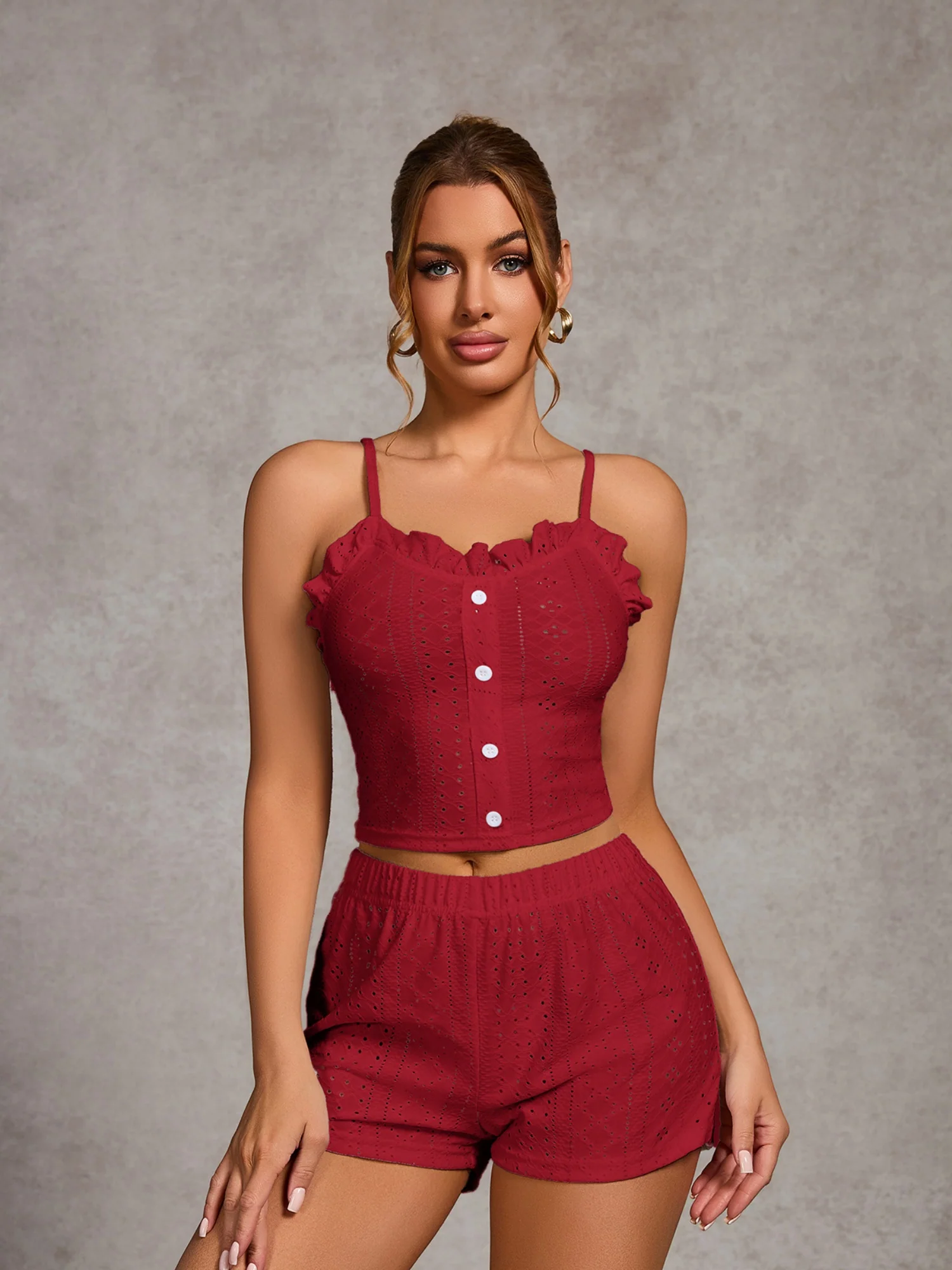 Openwork Ruffle Edge Tank Top And Shorts Loungewear 2-piece Sets - Image 6