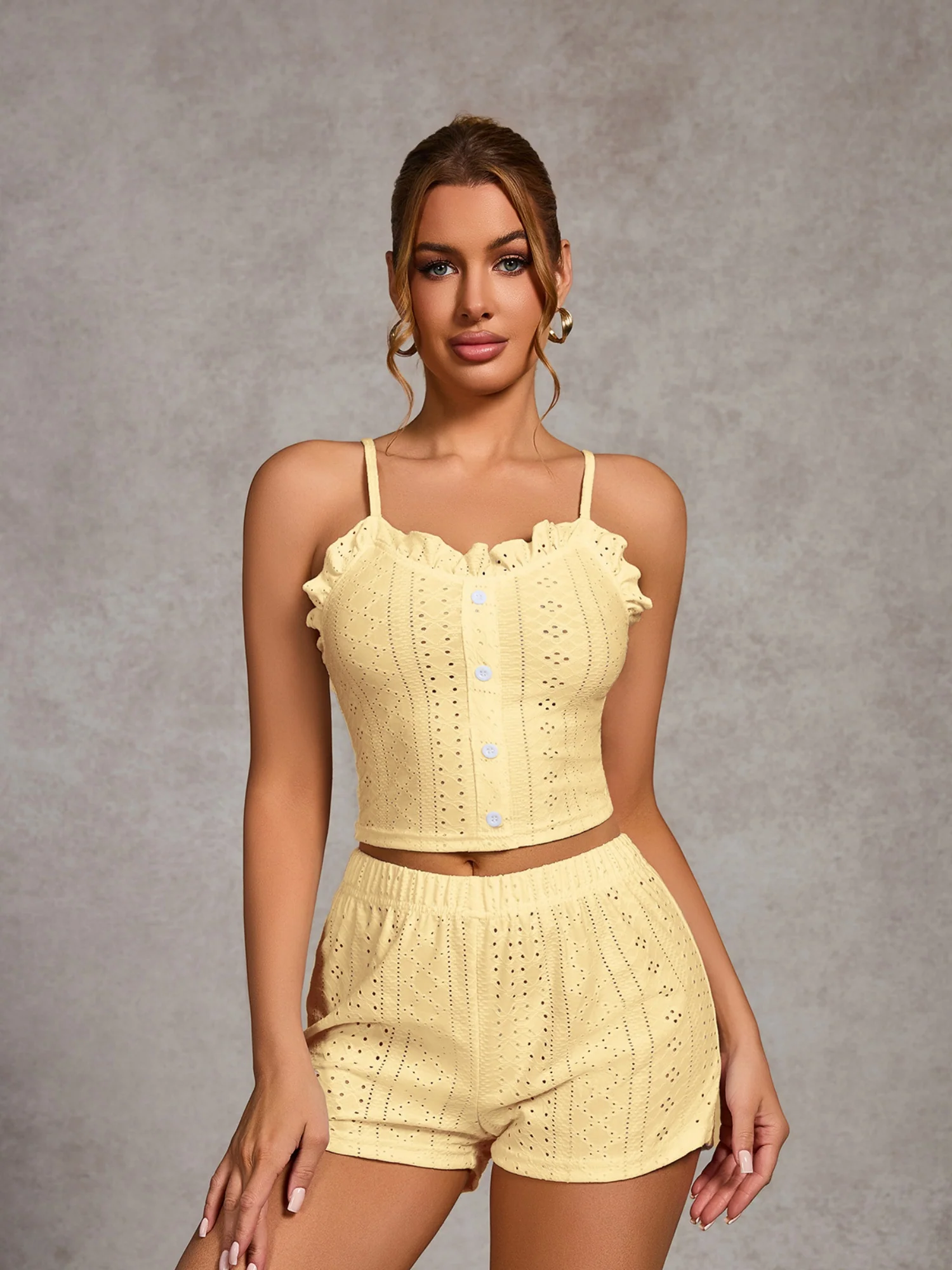 Openwork Ruffle Edge Tank Top And Shorts Loungewear 2-piece Sets - Image 7