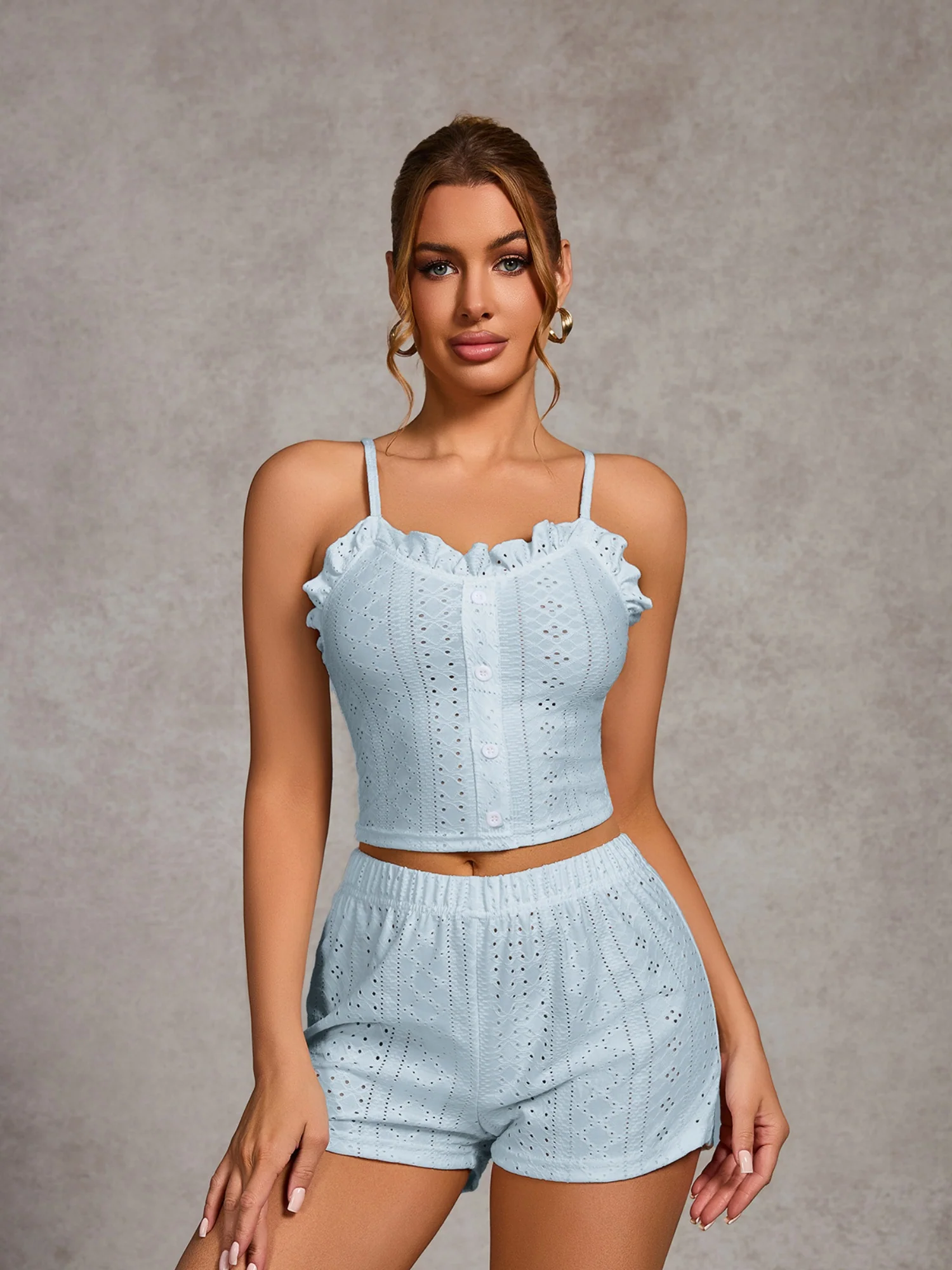 Openwork Ruffle Edge Tank Top And Shorts Loungewear 2-piece Sets - Image 8