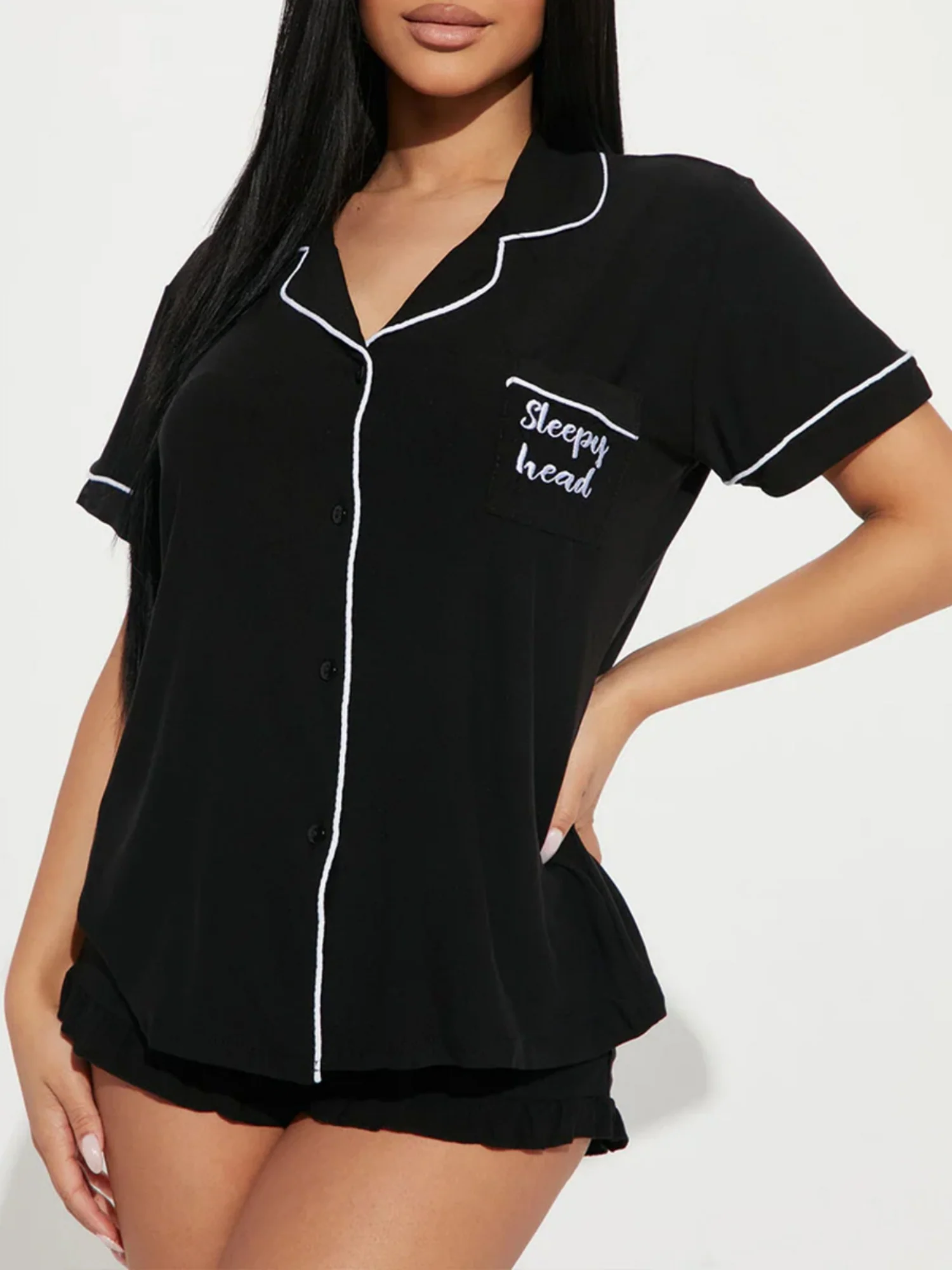Collared Short-sleeved Shirt Lace-trimmed Shorts Two-piece Loungewear Set - Image 5