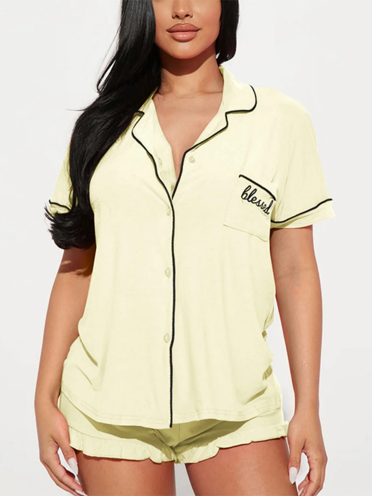 Collared Short-sleeved Shirt Lace-trimmed Shorts Two-piece Loungewear Set - Image 7