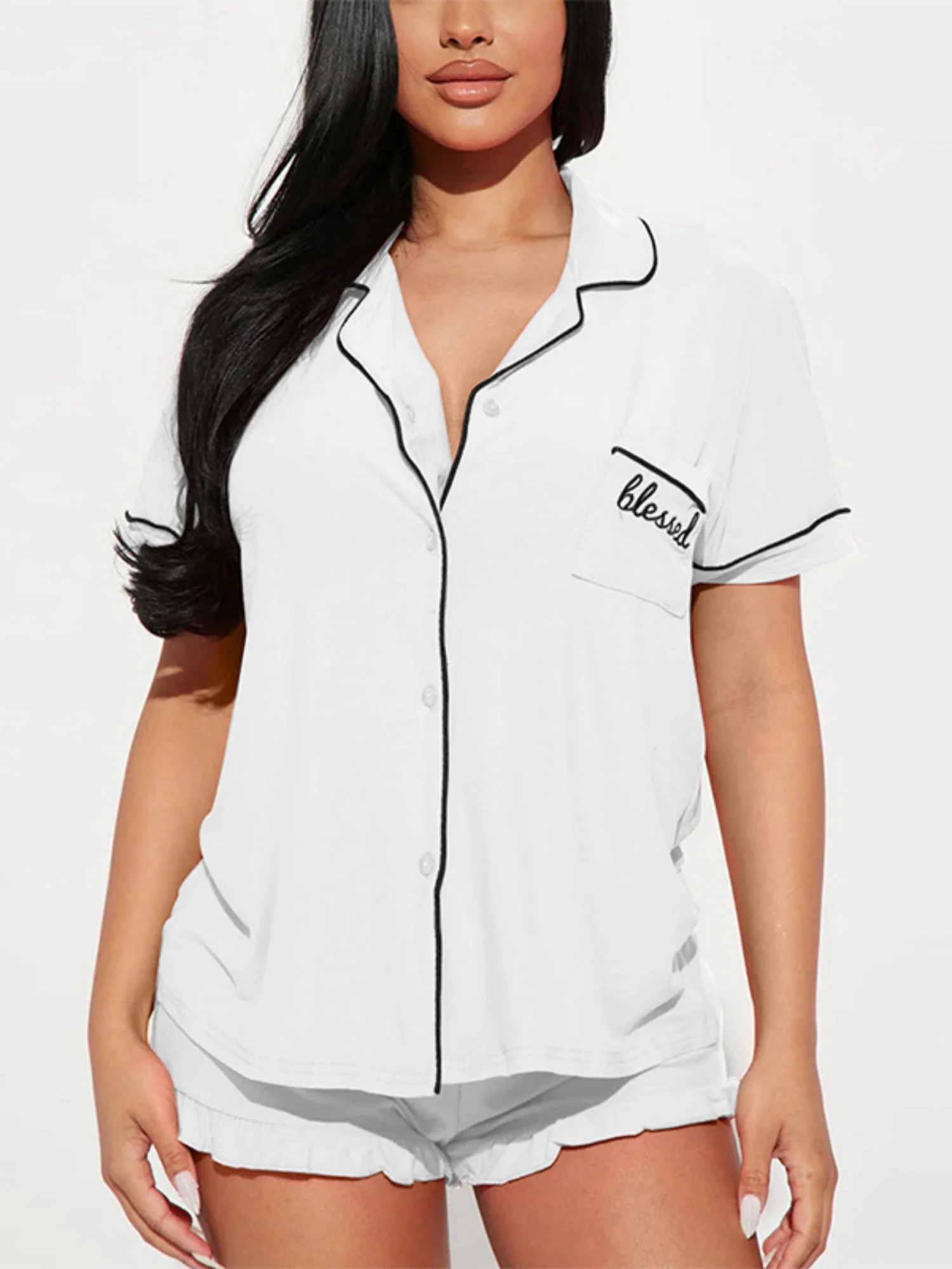 Collared Short-sleeved Shirt Lace-trimmed Shorts Two-piece Loungewear Set - Image 8