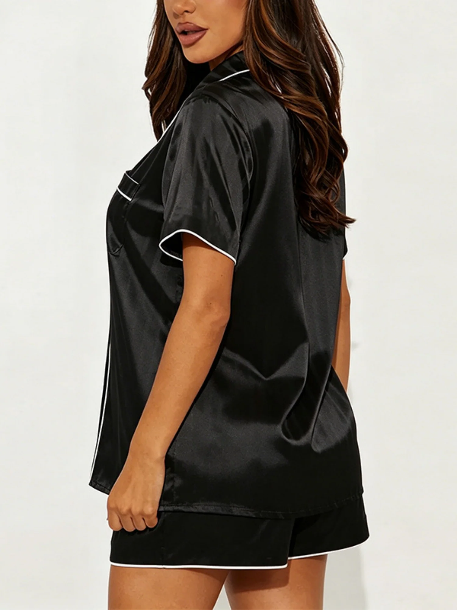 Satin Solid Color Trim Short Sleeves And Shorts Two-piece Loungewear Set - Image 2