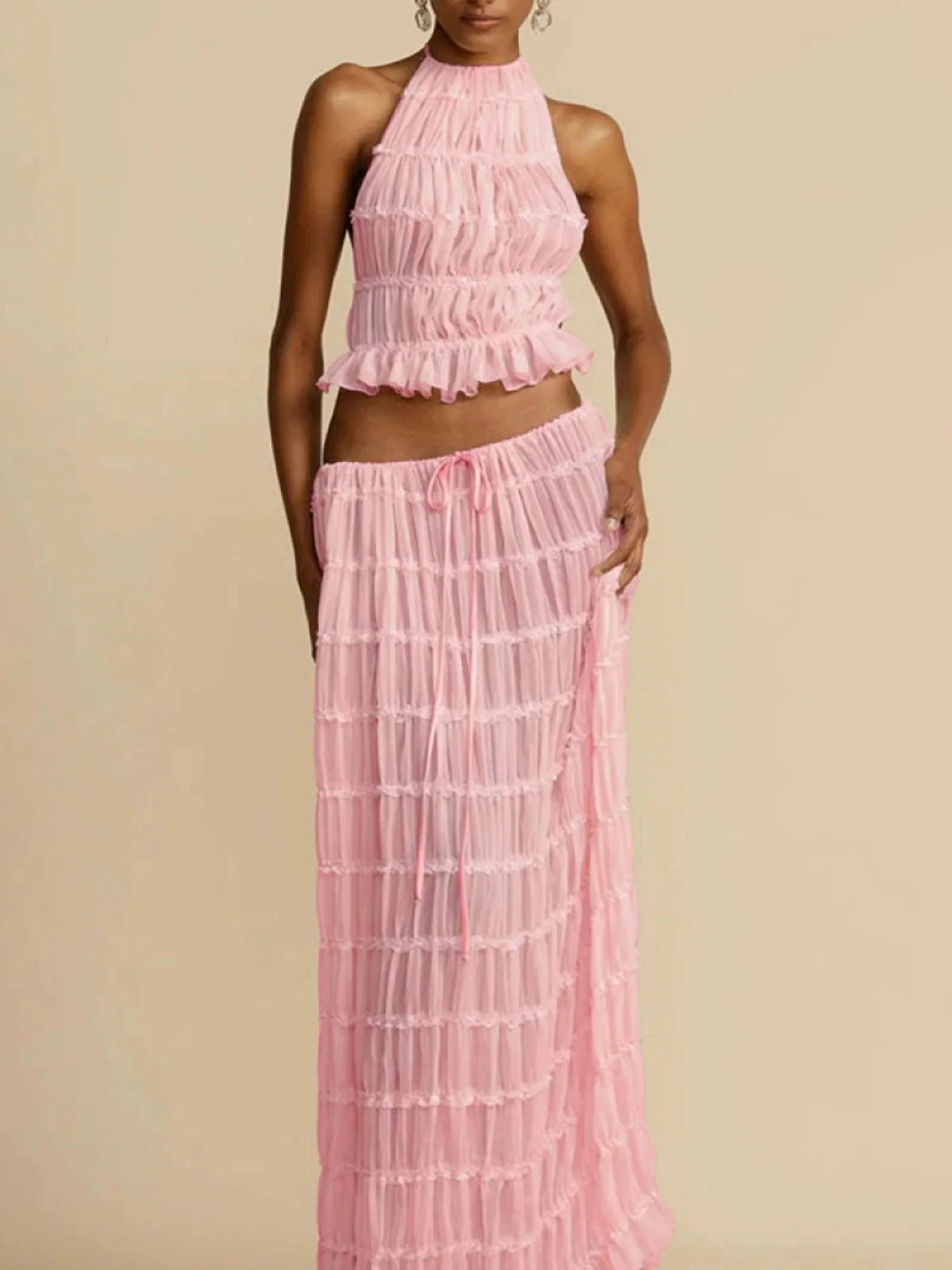 Pleated Sleeveless Backless Halter Neck Full Skirt 2-piece Sets - Image 4