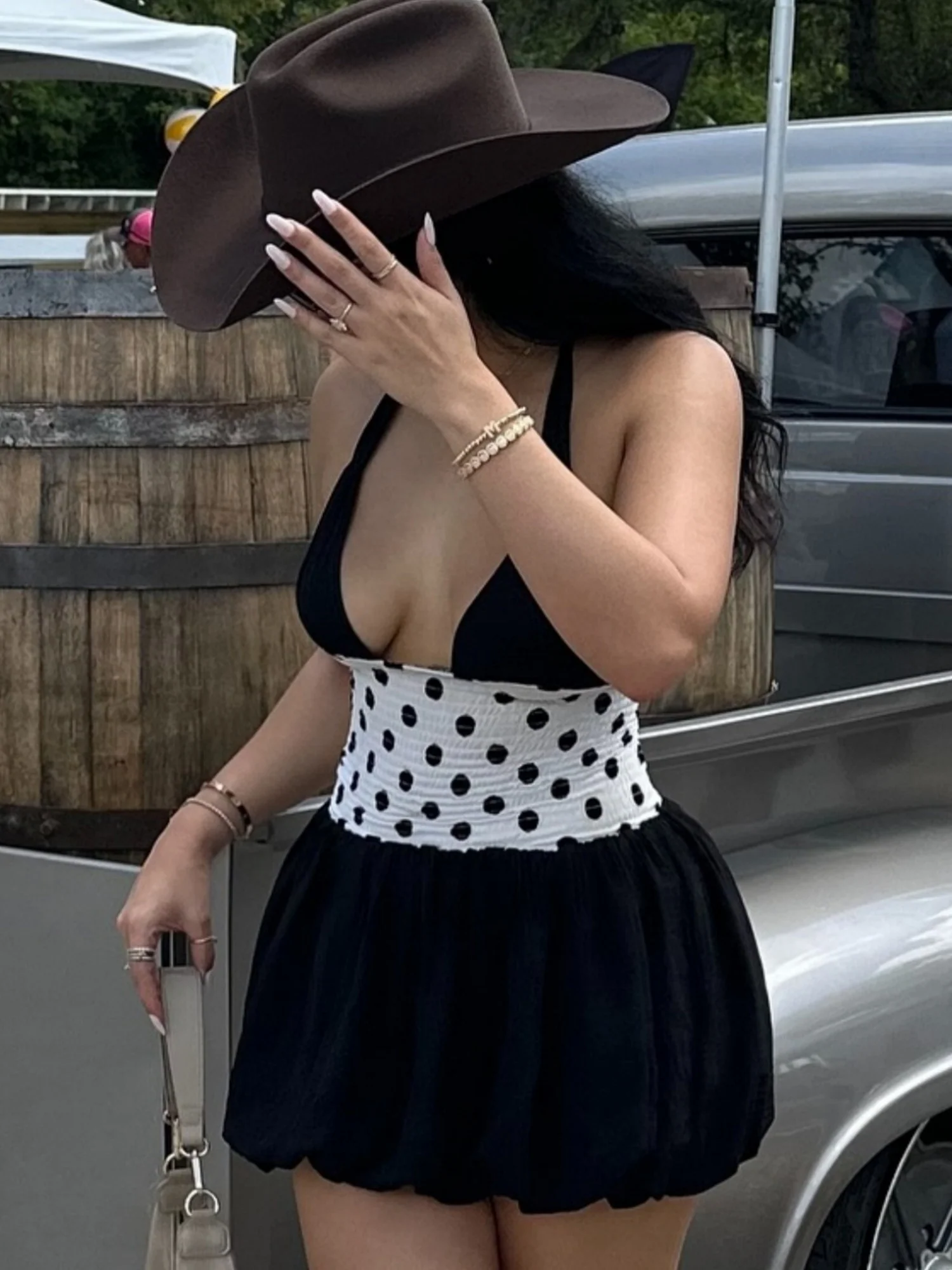 Polka Dots Pleated Waist Halter-neck Sleeveless Mini&Short Dresses - Image 3
