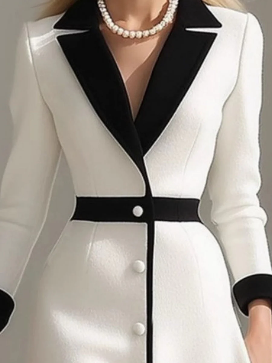French Lapel Black And White Color Blocking High Waist Three-quarter Sleeves Workplace Midi Dresses - Image 2