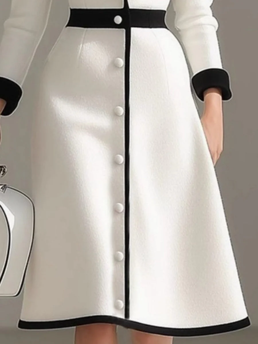 French Lapel Black And White Color Blocking High Waist Three-quarter Sleeves Workplace Midi Dresses - Image 3
