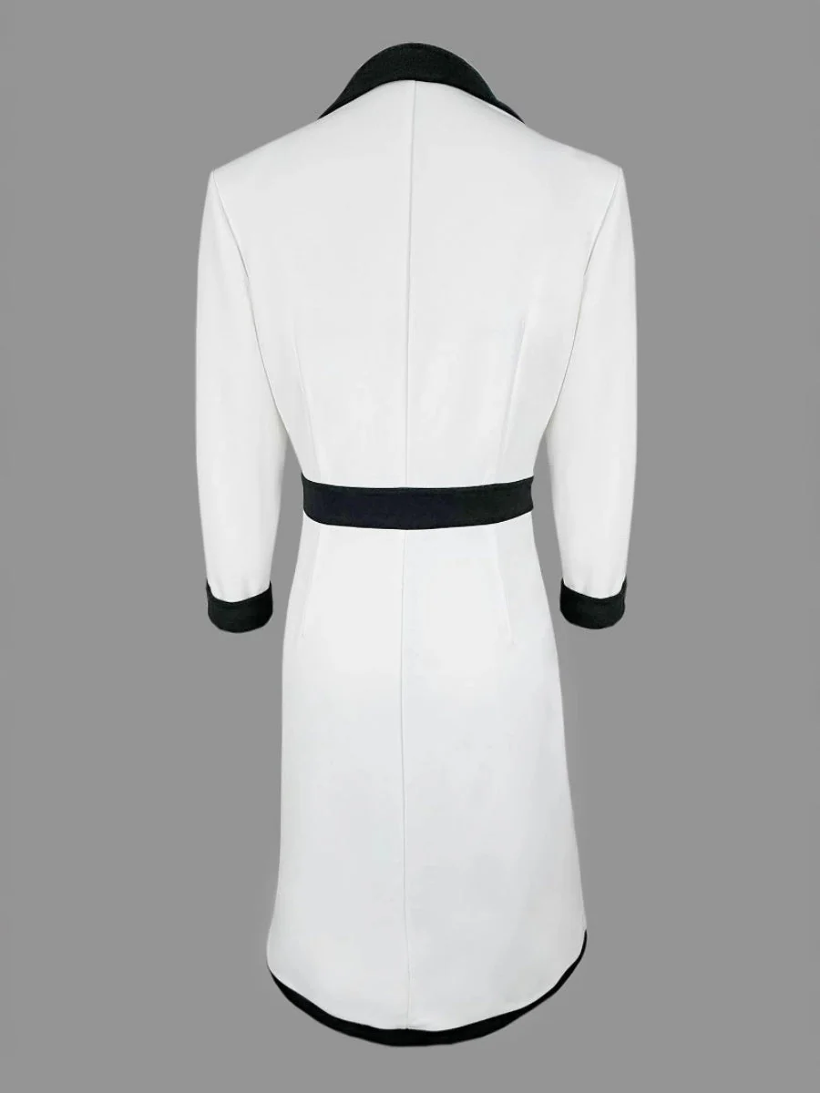 French Lapel Black And White Color Blocking High Waist Three-quarter Sleeves Workplace Midi Dresses - Image 4