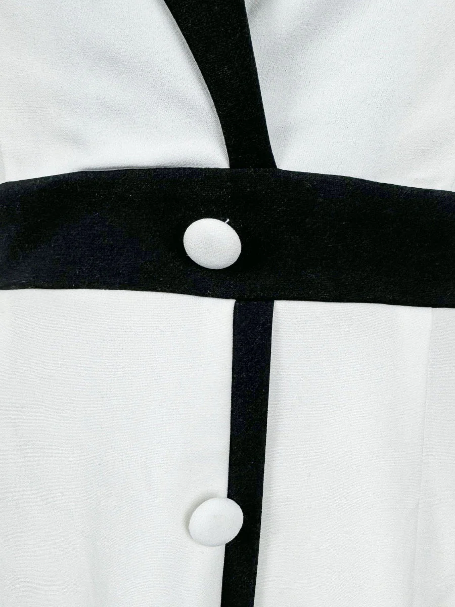 French Lapel Black And White Color Blocking High Waist Three-quarter Sleeves Workplace Midi Dresses - Image 5