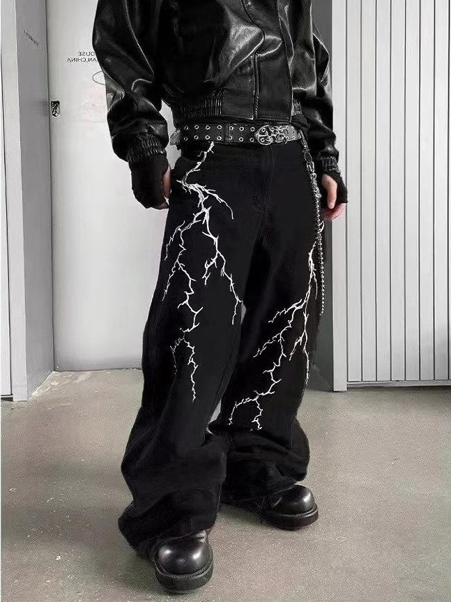 Embroidery Lightning Pattern Loose Jeans