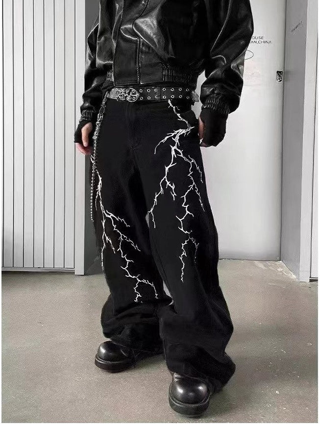 Embroidery Lightning Pattern Loose Jeans - Image 3